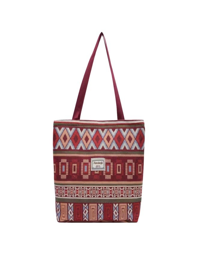 Gowloz Bohemian Chic Canvas Tote Bag - Ethnic Geometric Print, Burgundy Multi-Color, Spacious Shoulder Handbag for Work, Travel & Everyday Use - Image 1